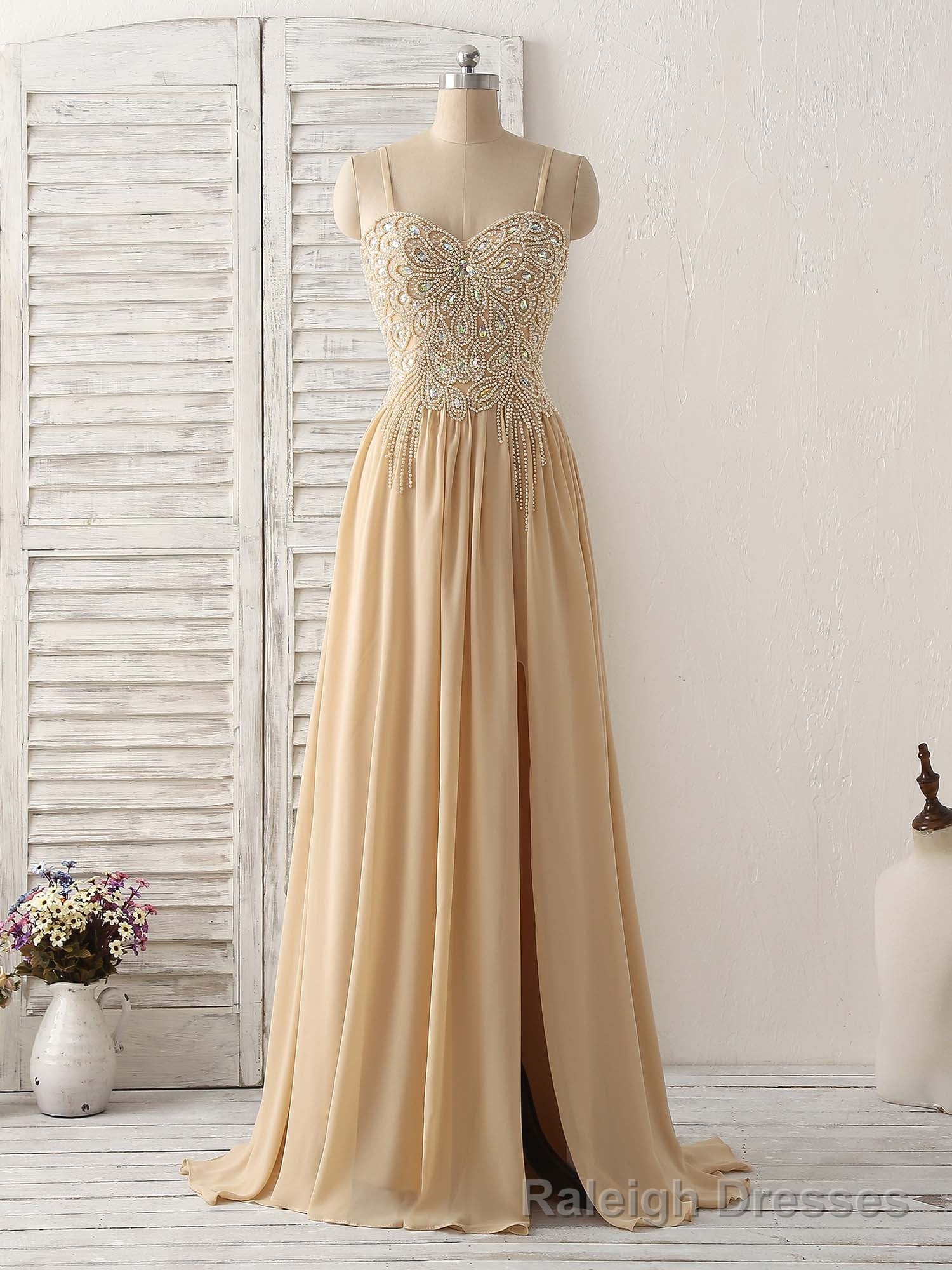 Champagne Sweetheart Neck Beads Long Prom Dress