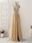 Champagne Sweetheart Neck Beads Long Prom Dress