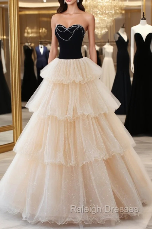 Champagne Sweetheart Neck Tulle Long Prom Dress, Champagne Formal Dresses Main image