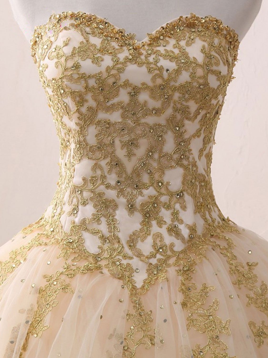 Champagne Sweetheart Neck Tulle Long Formal Prom Gown, Champagne Sweet 16 Dress
