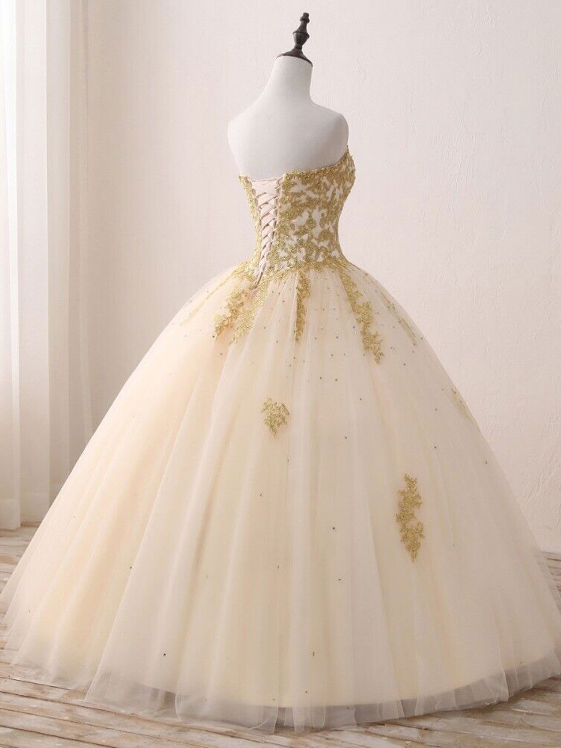 Champagne Sweetheart Neck Tulle Long Formal Prom Gown, Champagne Sweet 16 Dress