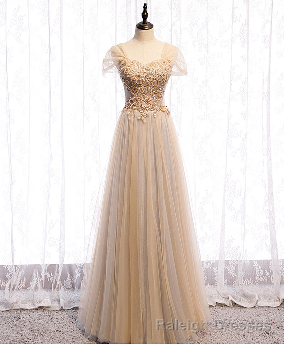 Champagne Sweetheart Tulle Lace Long Prom Dress Champagne Formal Dress