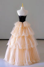 Champagne Sweetheart Tulle Layers Long Prom Dress, Strapless A Line Prom Dress