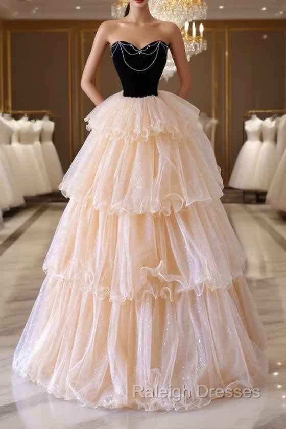 Champagne Sweetheart Tulle Layers Long Prom Dress, Strapless A Line Prom Dress Main image