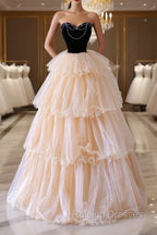Champagne Sweetheart Tulle Layers Long Prom Dress, Strapless A Line Prom Dress