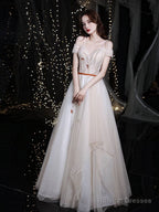 Champagne Sweetheart Tulle Long Prom Dress, Champagne Evening Dress