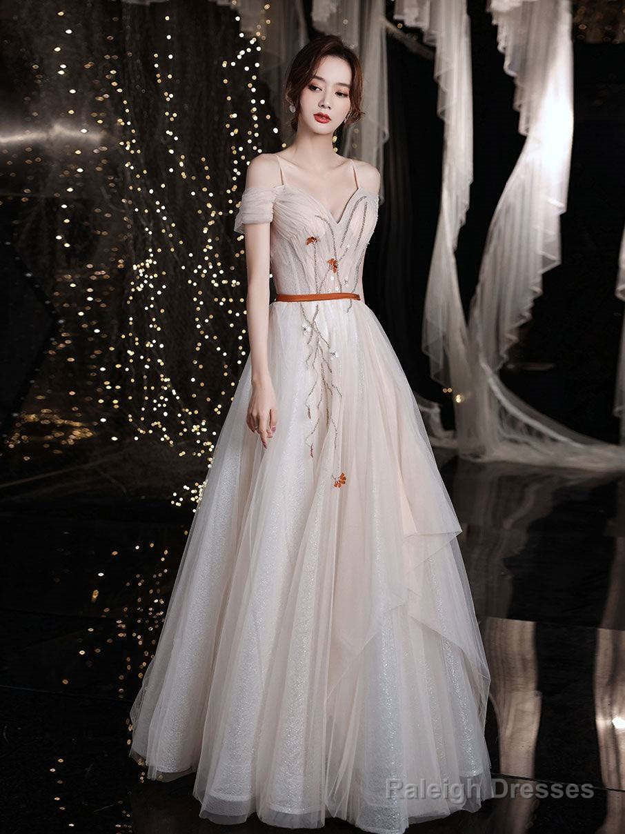 Champagne Sweetheart Tulle Long Prom Dress, Champagne Evening Dress Main image