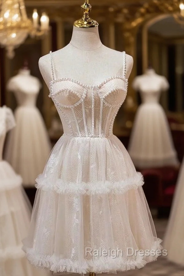 Champagne Tille Spaghetti Straps Pearls Homecoming Dress Main image