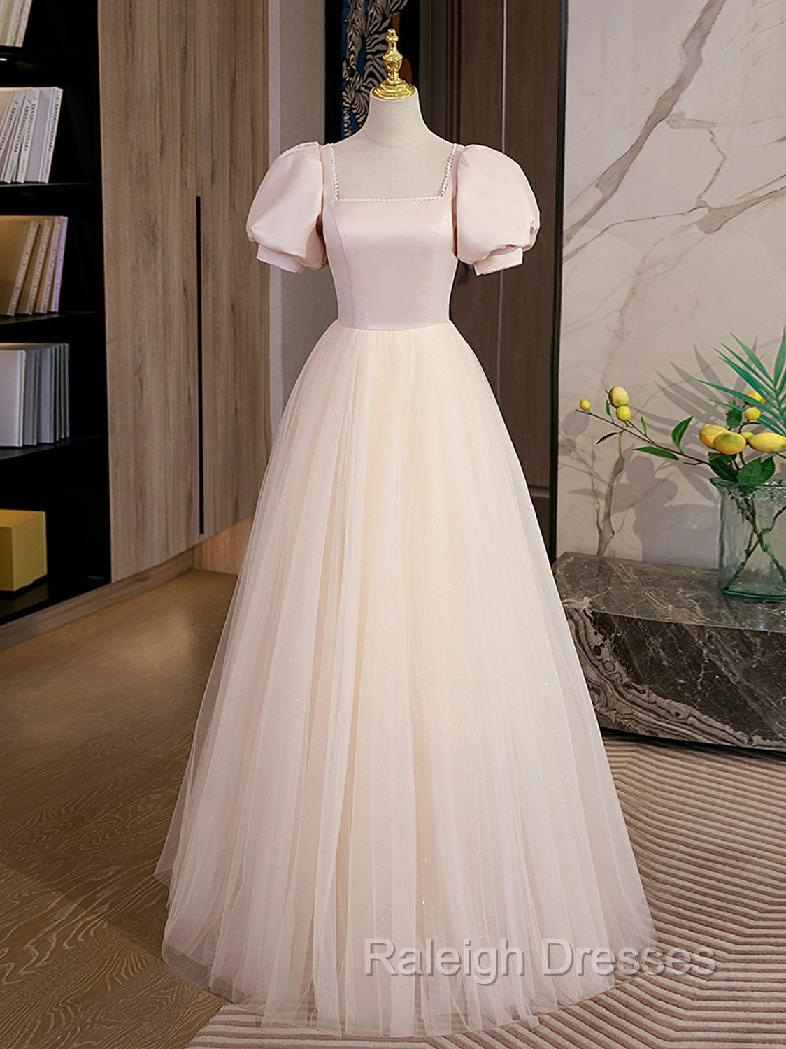 Champagne Tulle A Line Long Prom Dress, Champagne Formal Graduation Dresses Main image