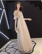 Champagne Tulle A-Line Off Shoulder Formal Dress With Flowers, Simple Prom Dresses Party Dress
