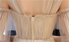 Champagne Tulle A-Line Off Shoulder Formal Dress With Flowers, Simple Prom Dresses Party Dress