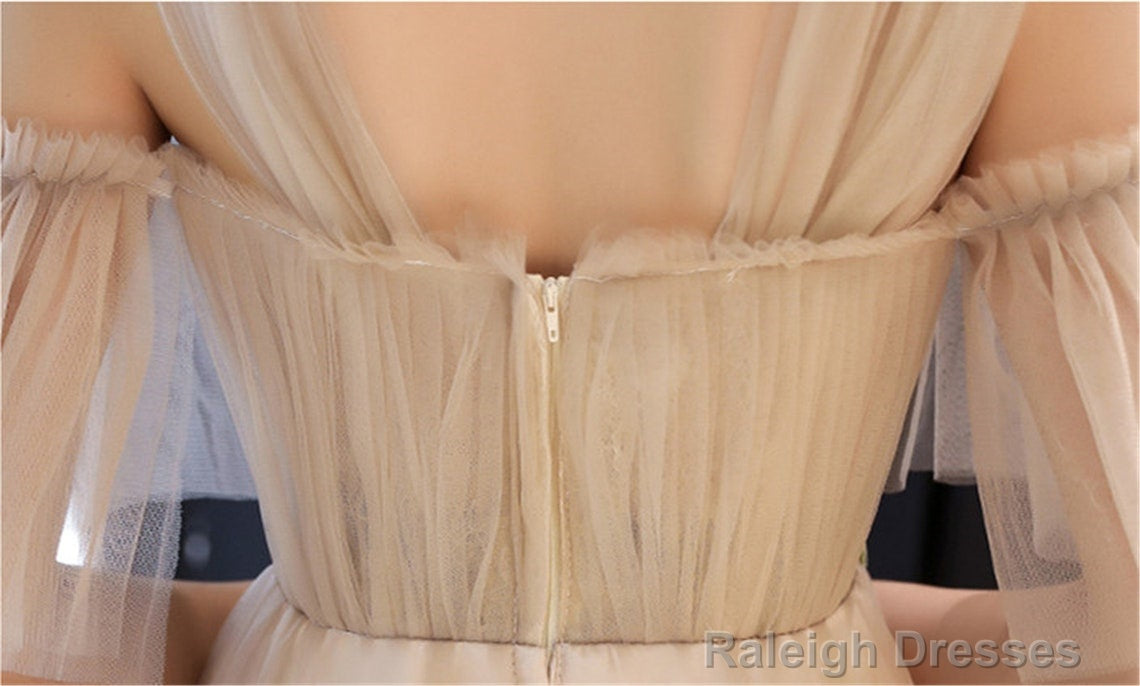 Champagne Tulle A-Line Off Shoulder Formal Dress With Flowers, Simple Prom Dresses Party Dress