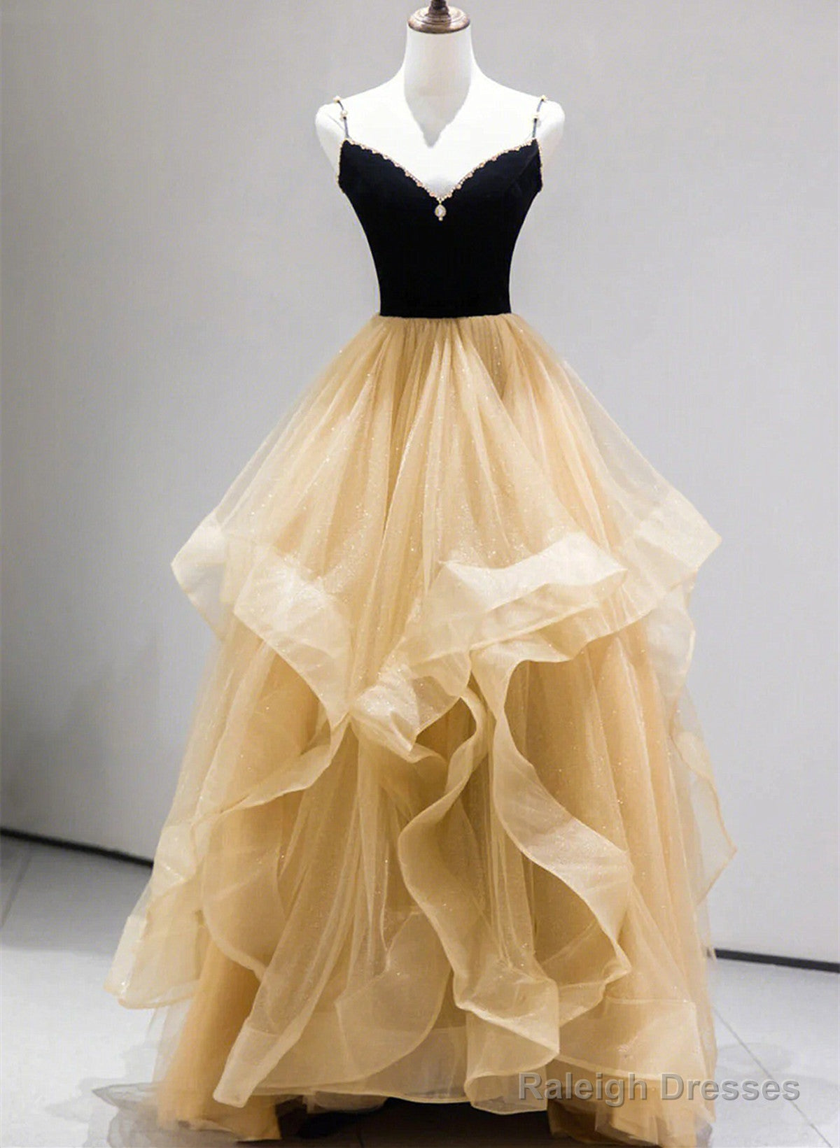 Champagne Tulle A-Line Sweetheart Beaded Straps Prom Dress, Champagne Party Dress Main image