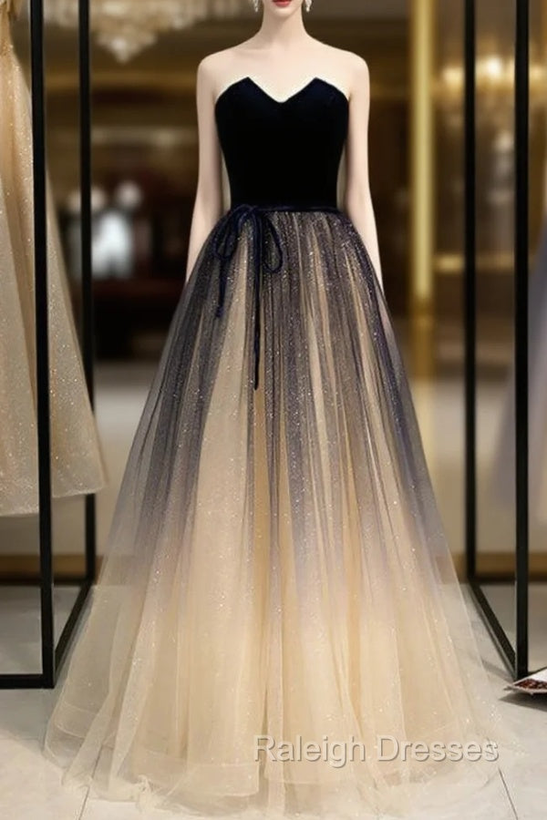 Champagne Tulle And Navy Blue Velvet Strapless Prom Dress Main image