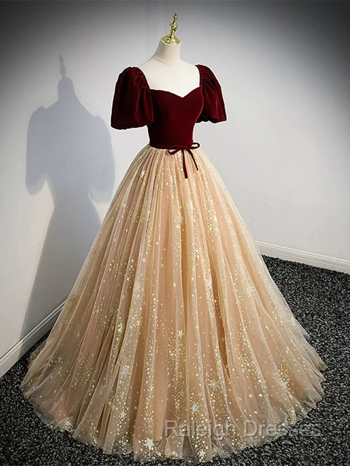 Champagne Tulle and Velvet Long Party Dress, Short Sleeves Prom Dress Secondary image