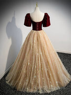 Champagne Tulle and Velvet Long Prom Dress, Short Sleeves Prom Dress