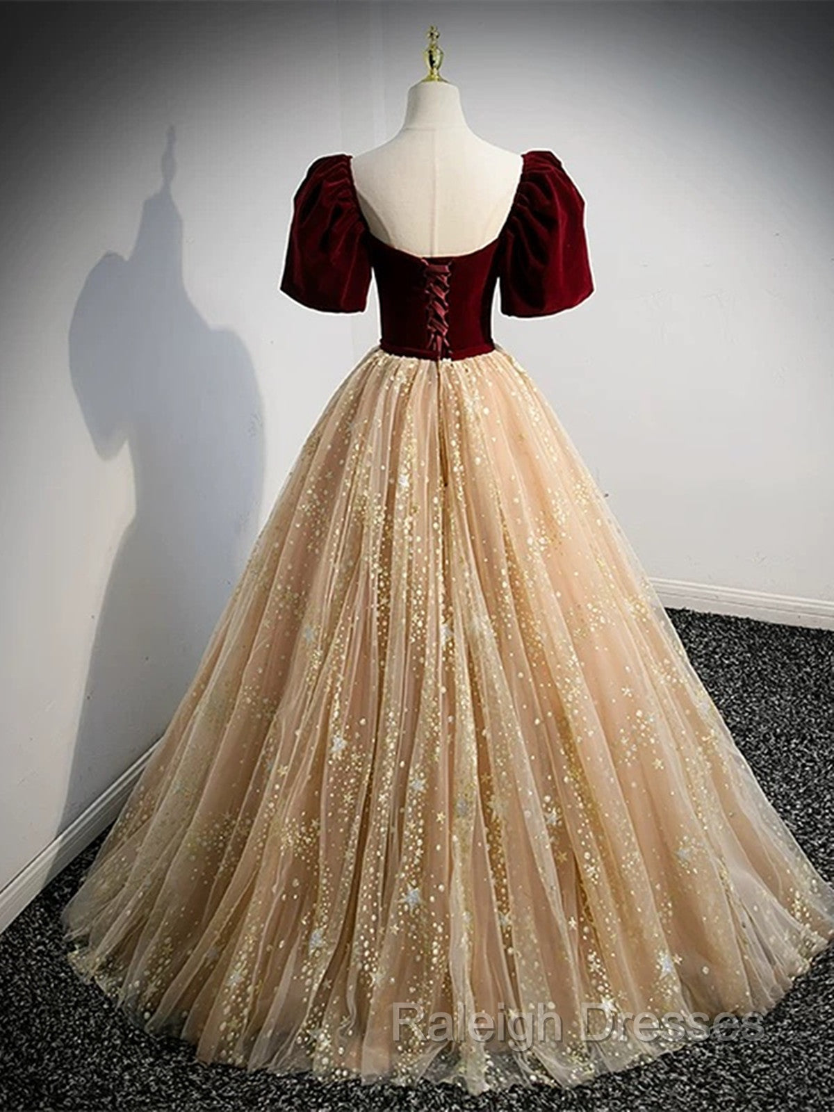 Champagne Tulle and Velvet Long Prom Dress, Short Sleeves Prom Dress