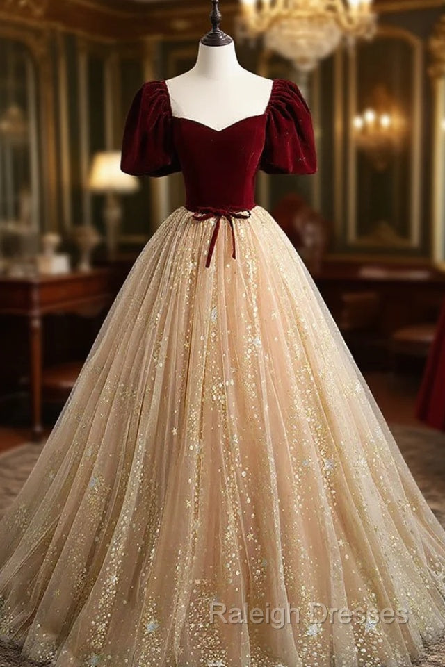 Champagne Tulle and Velvet Long Party Dress, Short Sleeves Prom Dress Main image