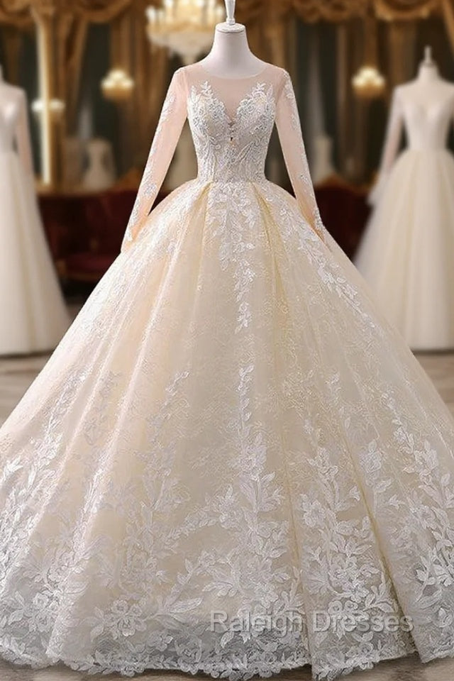 Champagne Tulle Appliques Long Sleeve Beading Wedding Dress