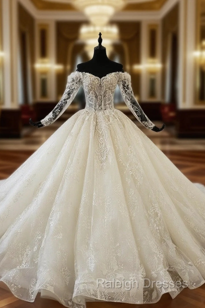 Champagne Tulle Appliques Off the Shoulder Long Sleeve Wedding Dress Main image