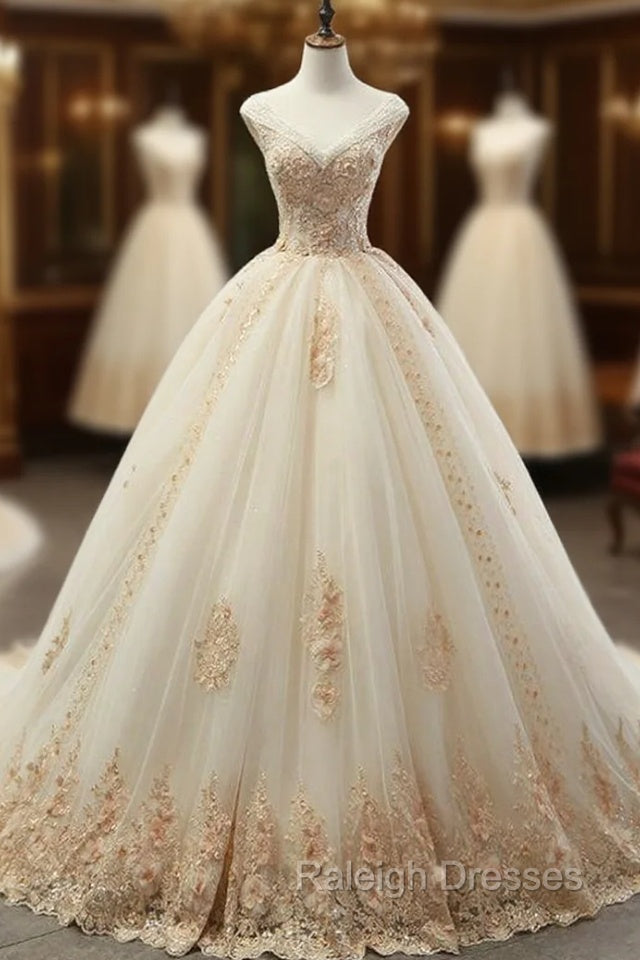 Champagne Tulle Ball Gowns Off The Shoulder Appliques Wedding Dress