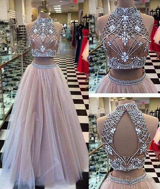 Champagne Tulle Beaded 2 Pieces Long Prom Dresses, Formal Dresses Main image