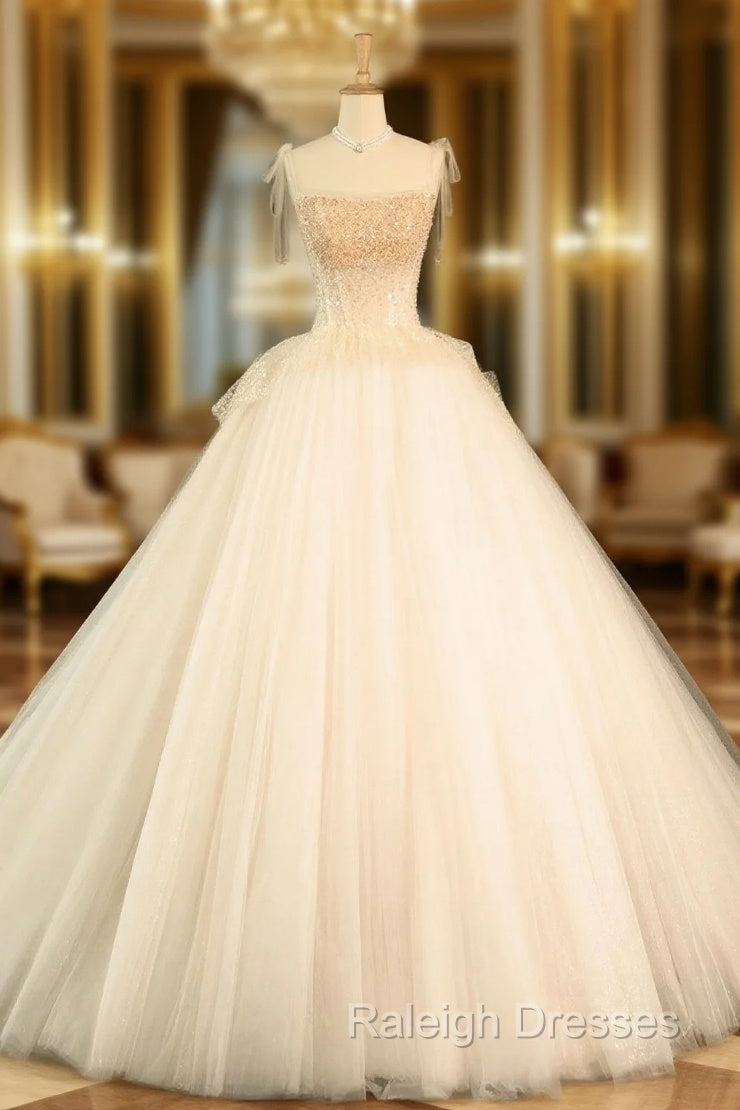 Champagne Tulle Beaded Long Prom Dress, A-Line Evening Party Dress Main image