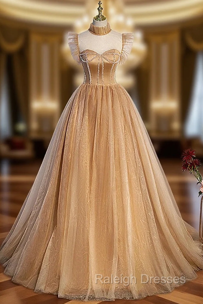 Champagne Tulle Beaded Long Sweet 16 Formal Dresses, Champagne Party Dresses Main image