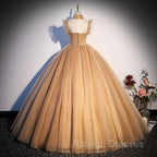 Champagne Tulle Beaded Long Sweet 16 Formal Dresses, Champagne Party Dresses