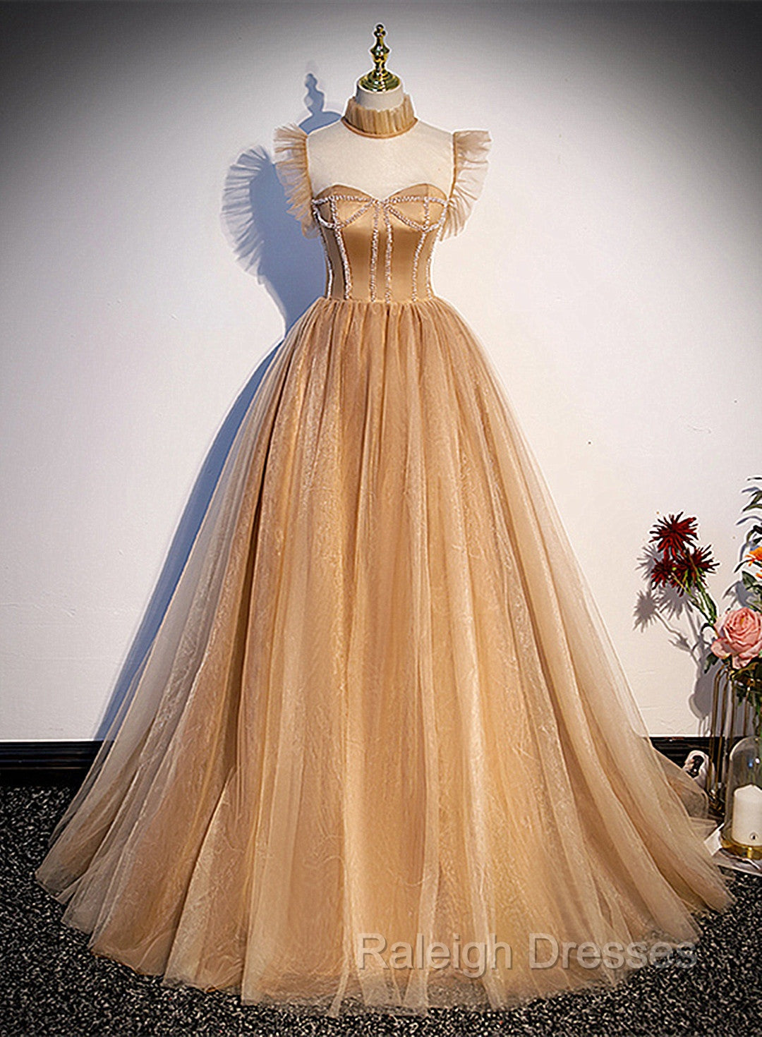 Champagne Tulle Beaded Long Sweet 16 Formal Dresses, Champagne Party Dresses Secondary image