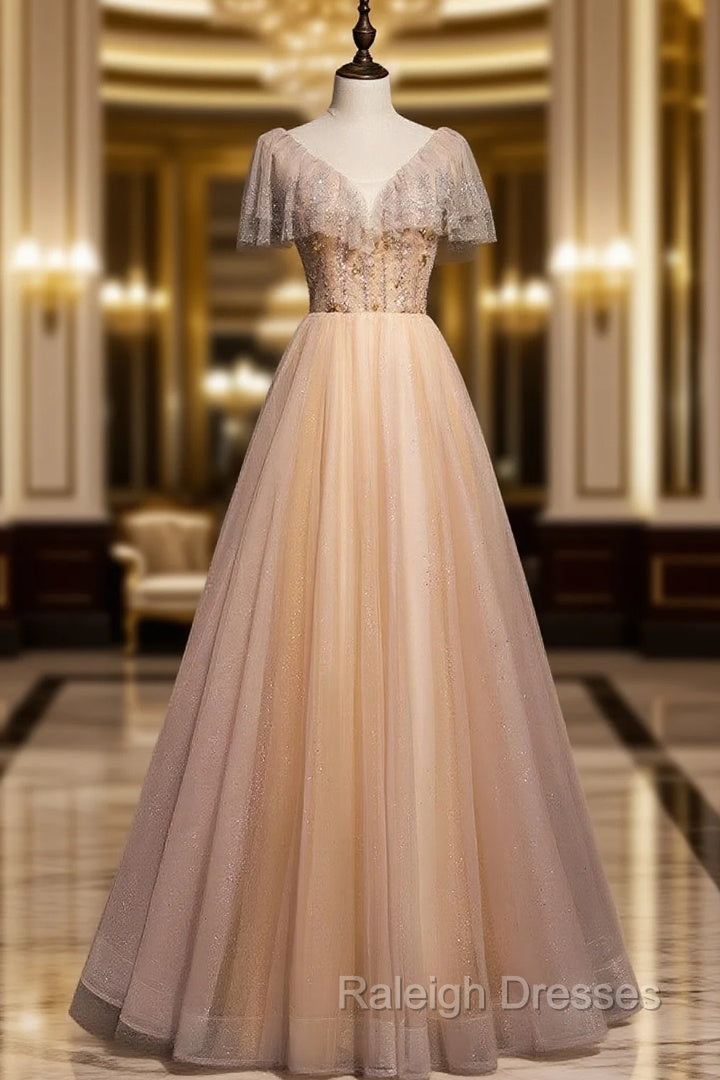 Champagne Tulle Beading V-neck Prom Dress