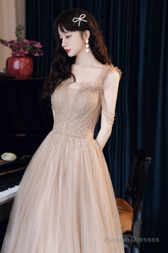 Champagne Tulle Beads Long Prom Dress, Champagne Evening Dress Secondary image