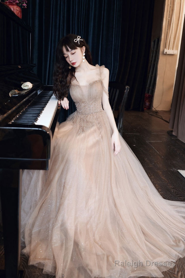 Champagne Tulle Beads Long Prom Dress, Champagne Evening Dress
