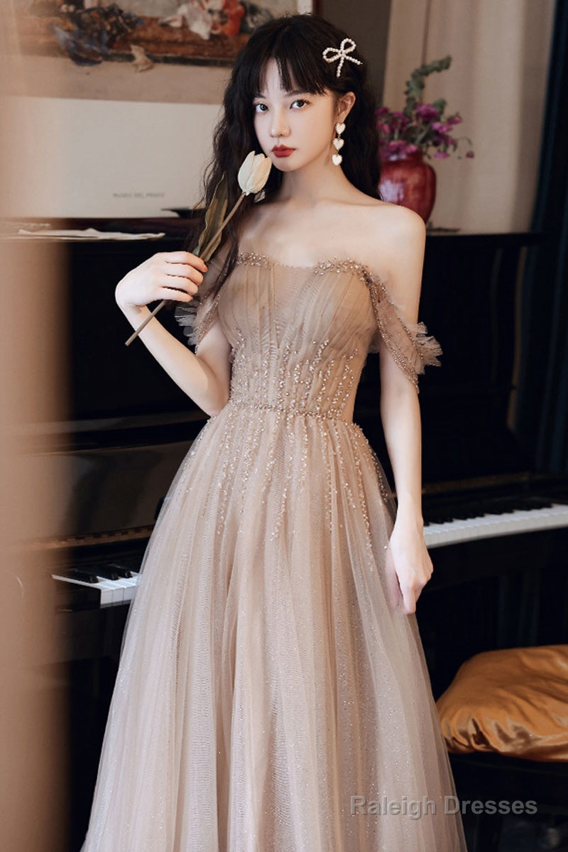 Champagne Tulle Beads Long Prom Dress, Champagne Evening Dress