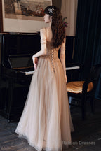 Champagne Tulle Beads Long Prom Dress, Champagne Evening Dress