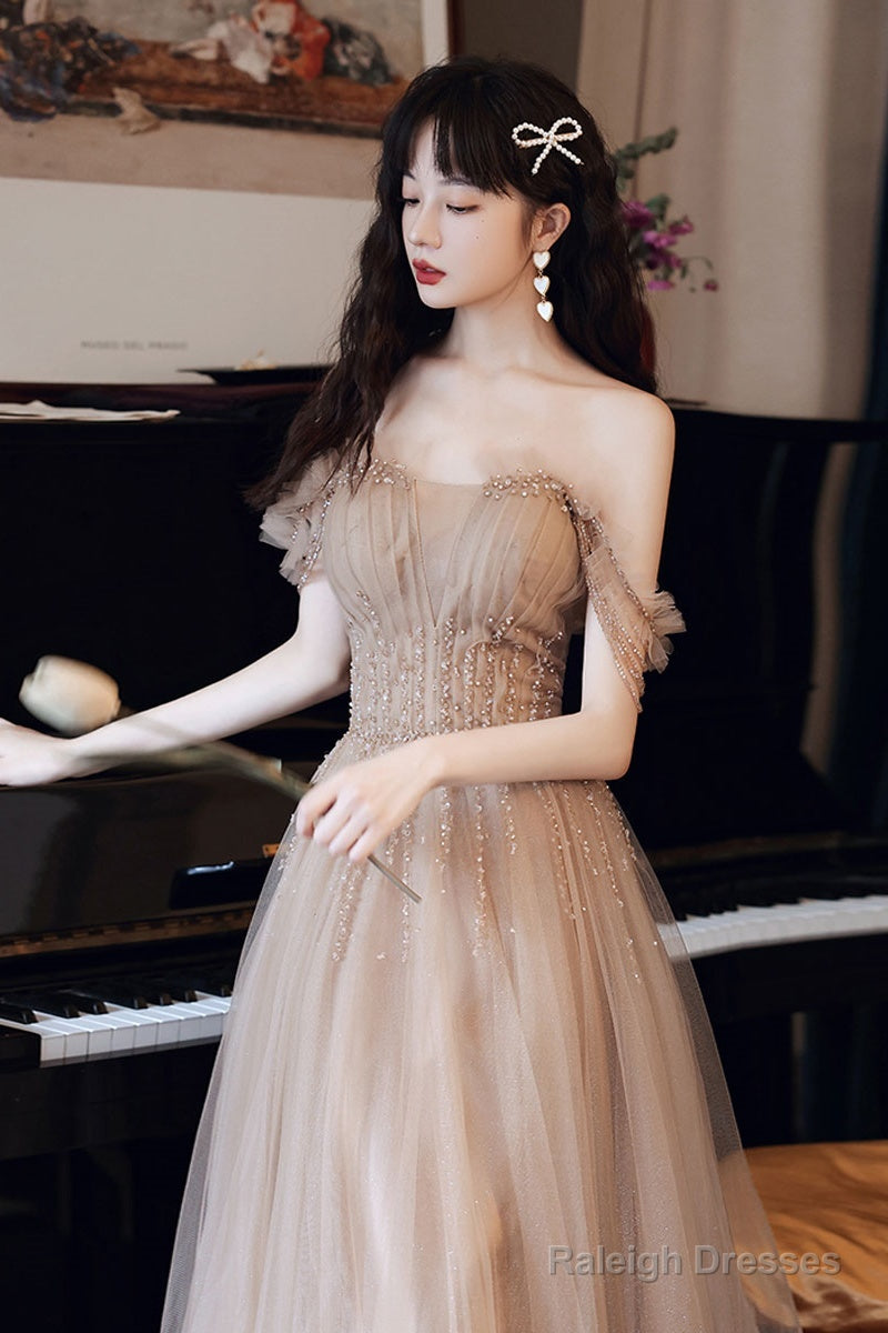 Champagne Tulle Beads Long Prom Dress, Champagne Evening Dress