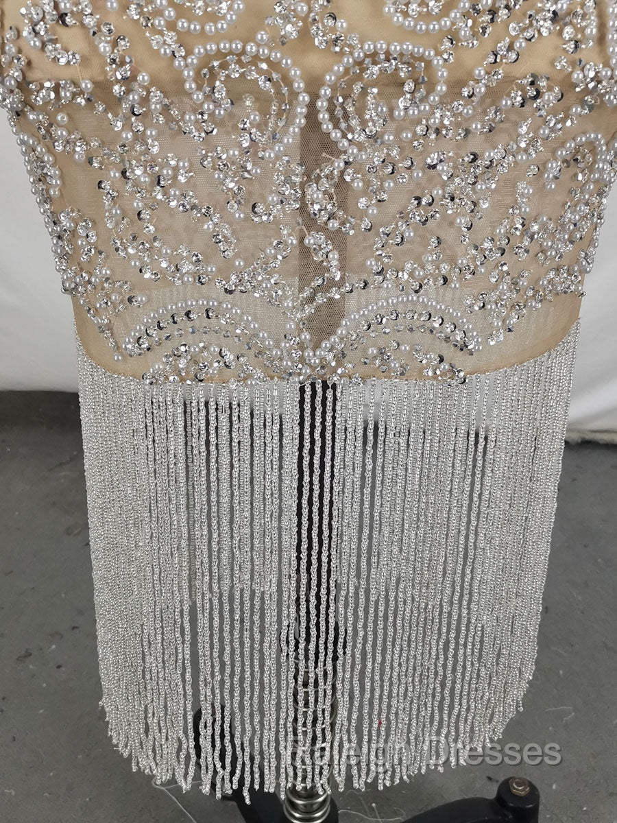 Champagne Tulle Beads Mermaid Short Prom Dress, Champagne Evening Dress