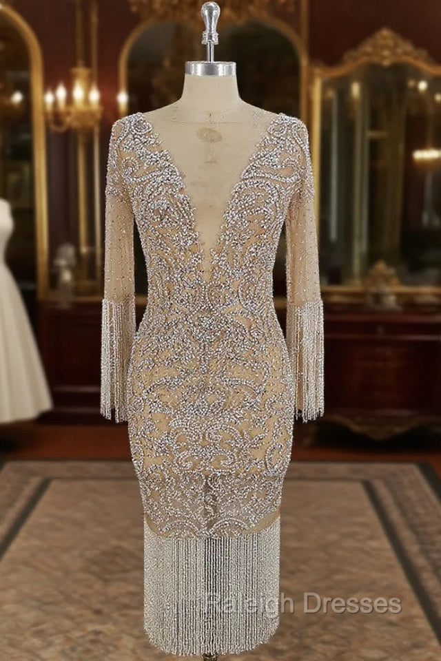 Champagne Tulle Beads Mermaid Short Prom Dress, Champagne Evening Dress Main image