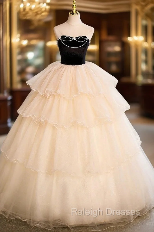 Champagne Tulle Black Velvet Strapless Beading Quinceanera Dress Main image