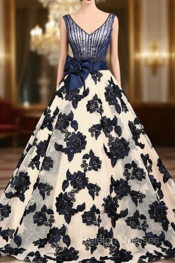 Champagne Tulle Blue Appliques V-neck Train Wedding Dress