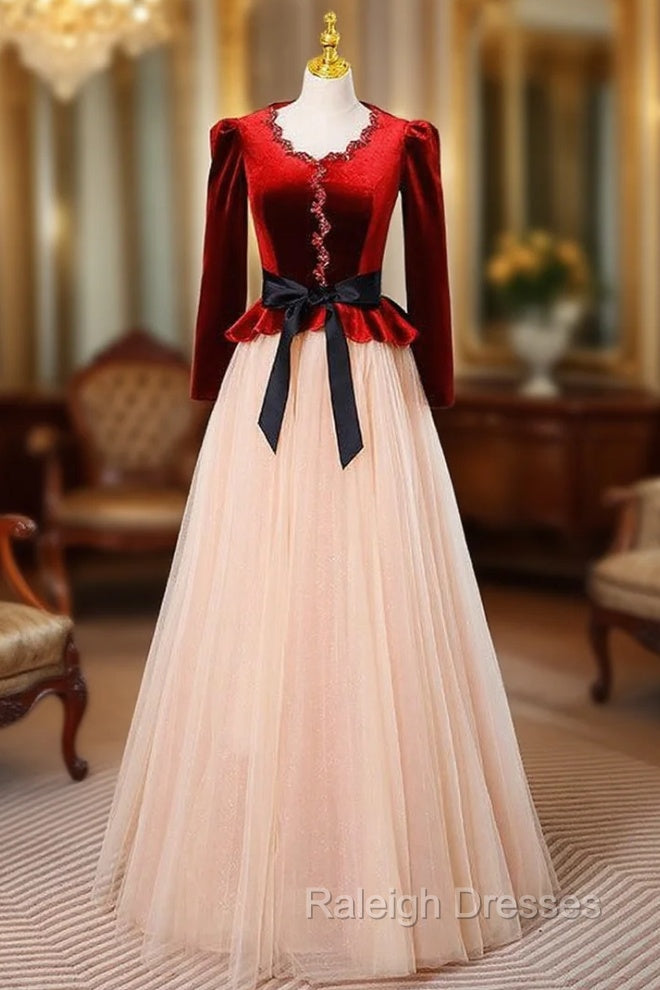 Champagne Tulle Burgundy Velvet Long Sleeve Prom Dress Main image
