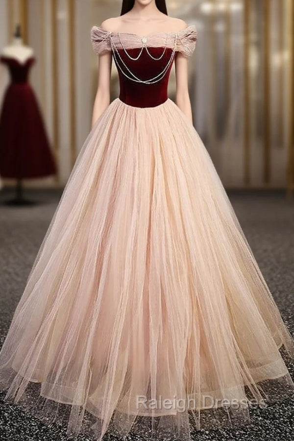Champagne Tulle Burgundy Velvet Off the Shoulder Prom Dress Main image