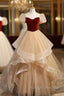 Champagne Tulle Burgundy Velvet Prom Dress