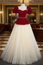 Champagne Tulle Burgundy Velvet Puff Sleeve Beading Prom Dress