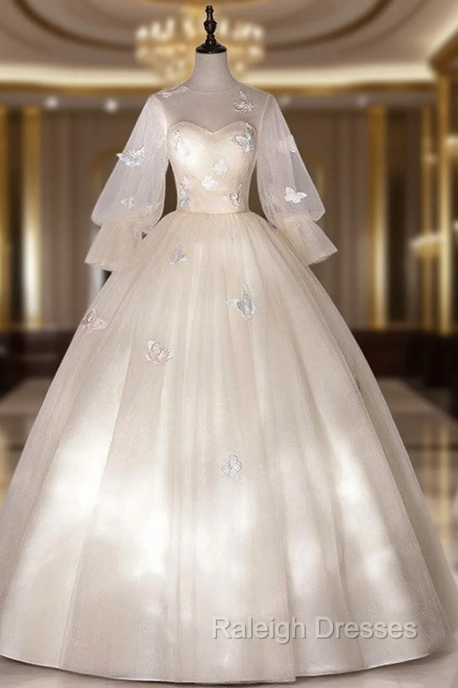 Champagne Tulle Butterfly Appliques Bell Sleeve Quinceanera Dress Main image