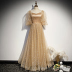 Champagne Tulle Chich Long Puffy Sleeves Party Dress Formal Dress, A-line Tulle Prom Dress