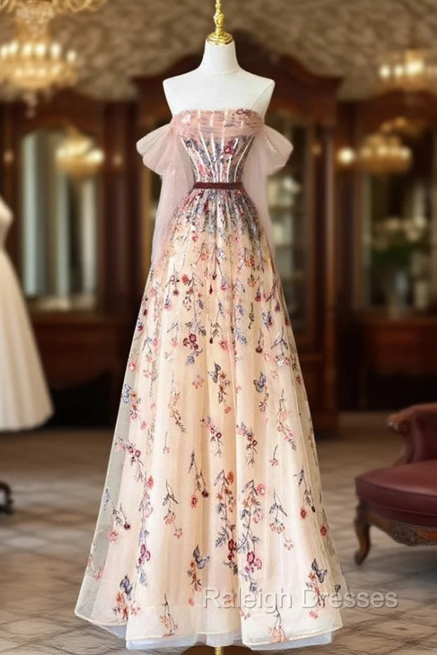 Champagne Tulle Emboidery Flower Prom Dress