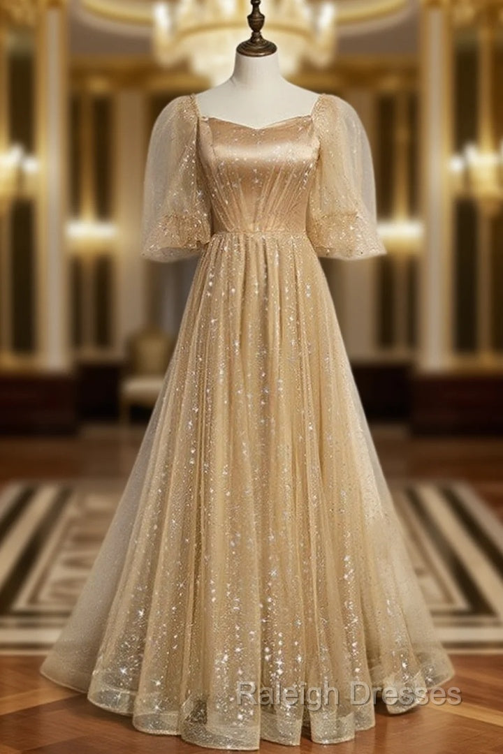 Champagne Tulle Embroidery Puff Sleeve Prom Dress