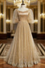 Champagne Tulle Embroidery Puff Sleeve Prom Dress