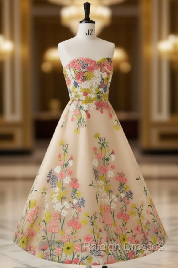 Champagne Tulle Embroidery Strapless Tea Length Prom Dress Main image